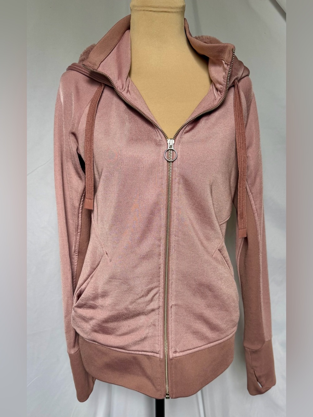 Athleta Triumph Luxe Shine Hoodie Jacket Sherpa Lined Mauve Full Zip Size S